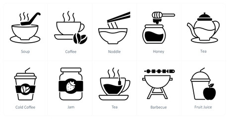 A set of 10 food and drink icons as soup, coffee, noodle