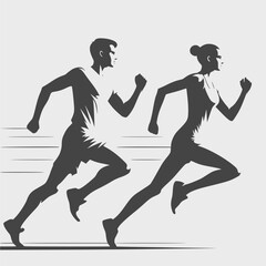 Running man and woman, isolated vector silhouettes. Run, side view. Silhouettes of athletic looking male and female runners running.