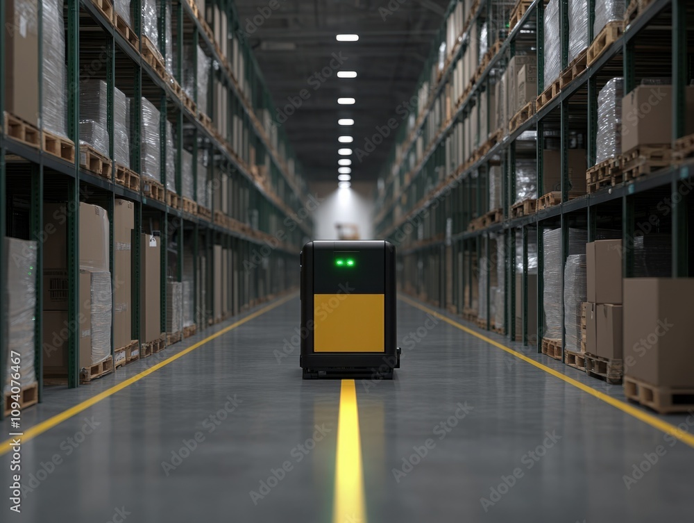 Poster automated delivery robot operating in modern warehouse environment with shelving units and storage b