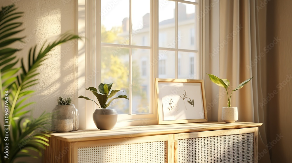 Poster a window with a view of a building and a plant on the windowsill