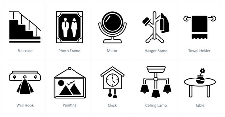 A set of 10 furniture icons as staircase, photo frame, mirror