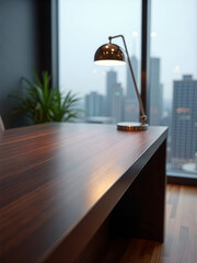 Desk with lamp and a potted plant