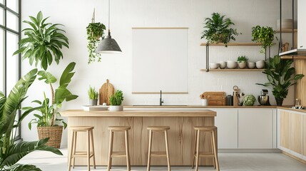 A kitchen with a white wall and wooden countertops