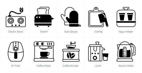 A set of 10 home appliances icons as electric stove, toaster, oven gloves