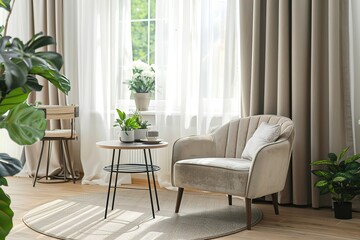 Fototapeta premium A living room with a white chair and a table with a potted plant on it