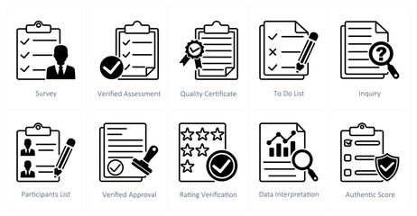 A set of 10 survey icons as survey, verified assessment, quality certificate