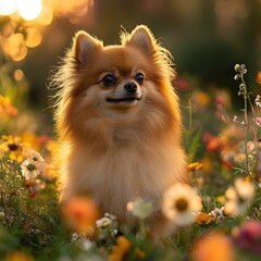 Pomeranian Dog Sitting In A Field Of Flowers