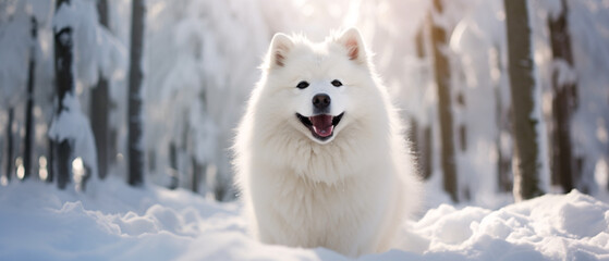 A beautiful white snow dog with black eyes and mouth, exuding a striking contrast against its snowy surroundings.

