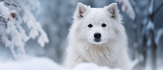 Fototapeta premium A beautiful white snow dog with black eyes and mouth, exuding a striking contrast against its snowy surroundings.