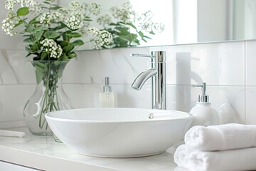 Fototapeta premium A white sink with a vase of flowers on top of it