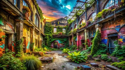 Fototapeta premium Urban Exploration of Abandoned Gams: Captivating Views of Forgotten Structures Surrounded by Nature's Reclamation and Urban Decay in a Gritty Atmosphere