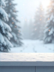 Fototapeta premium Snowy forest with a white bench in the foreground