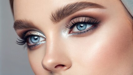 Obraz premium Featuring a mesmerizing ice blue gaze this portrait captures the essence of ethereal beauty. The eyes are adorned with light silver highlights and soft lashes set against a faded