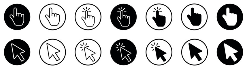 Computer mouse click cursor and hand cursor icons set. Pointer click. Clicking finger. Hand pointer symbol. Vector Illustration