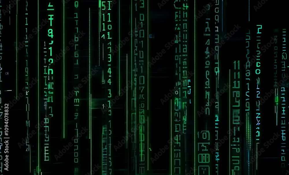 Poster abstract green digital matrix background technology with glowing lines and symbols
