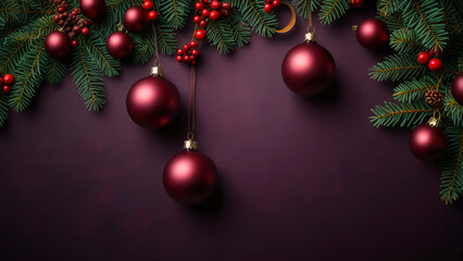 Fototapeta premium Purple damson metallic Christmas scene with red and gold holiday decorations