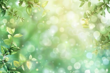 Fototapeta premium A green background with leaves and a bright sun