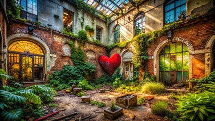 Fototapeta premium Urban Exploration Photography: Discovering the Heart of Hearts in Abandoned Cityscapes with Captivating Textures and Emotive Shadows, Evoking Stories of the Past and Present