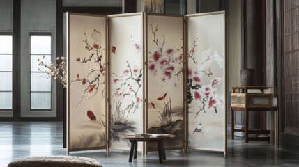 Stunning Asian-Inspired Room Divider with Floral Design