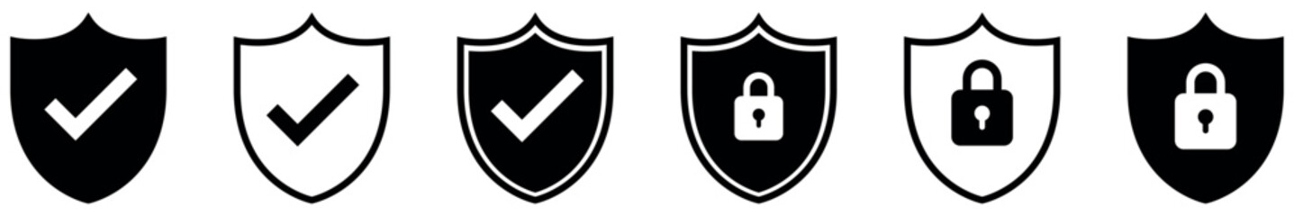 Shield check mark icon and shield lock icon set. Safety shield symbols. Security private sign. Vector illustration