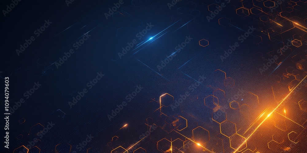 Poster abstract futuristic background with glowing blue and orange hexagonal shapes, dynamic lines, and a d