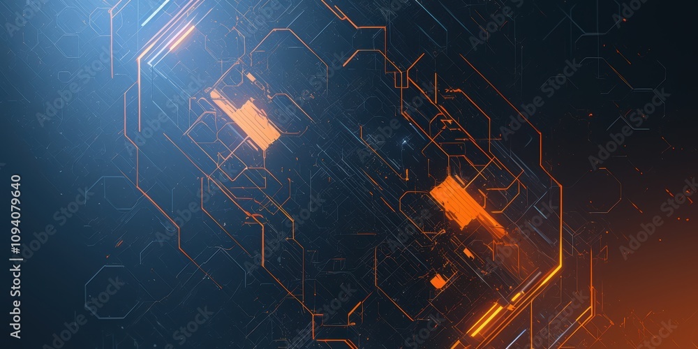 Poster abstract futuristic technology background with bright orange and blue patterns representing digital 