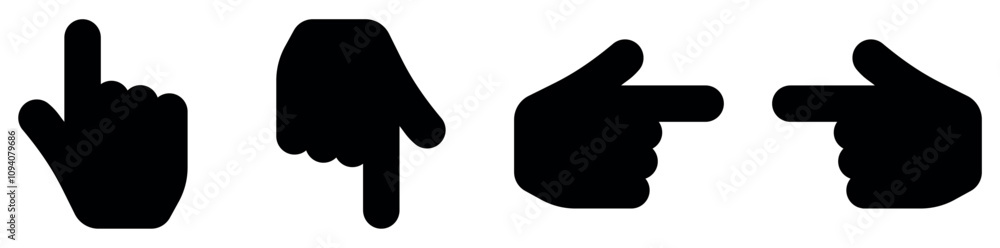 Poster hand pointer cursor icon set. direction on right, left, down and up. finger gesture. vector illustra