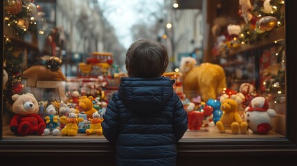 A child gazing at colorful toys in a shop window during the festive season.