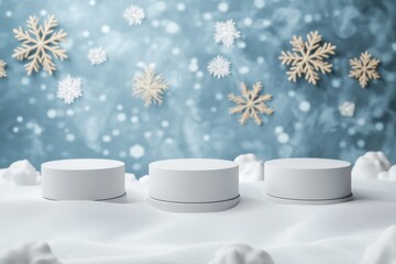 Minimalist Winter Christmas Scene with Podiums and Decorated Trees