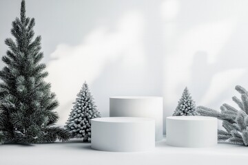 Minimalist Winter Christmas Scene with Podiums and Decorated Trees