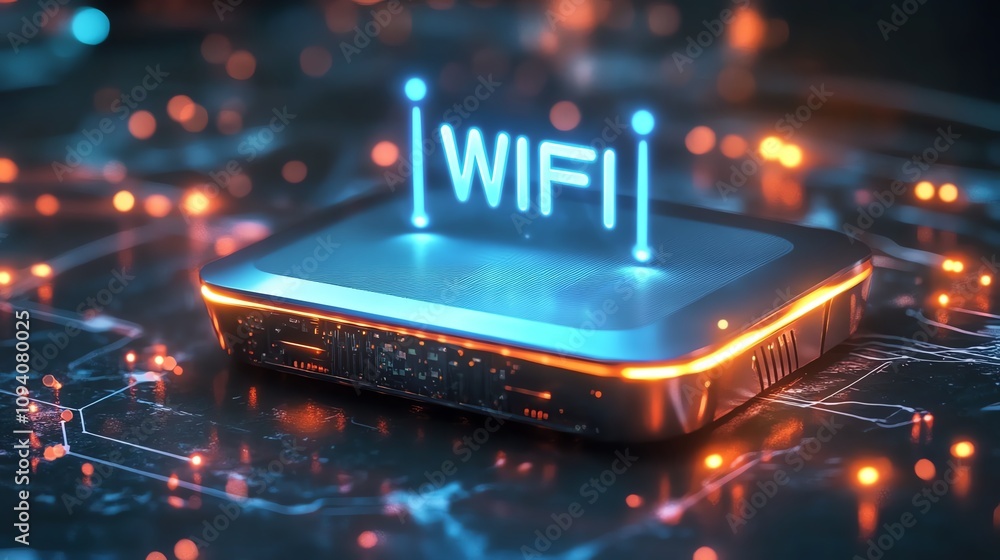 Poster a futuristic wifi router with glowing lights and circuit patterns, symbolizing connectivity.