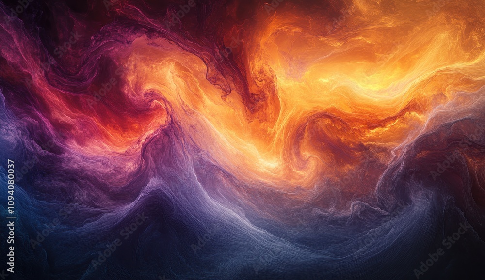 Poster abstract vibrant swirling colors in dramatic composition creating a sense of movement and energy aga