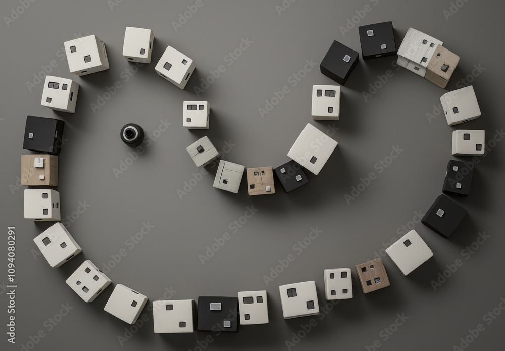 Poster artistic arrangement of geometric shapes on a gray background, featuring a playful design with vario