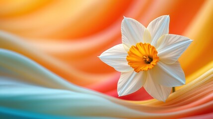 Close-up of a Daffodil bloom in sharp focus, set against a super-pixelated, dizzy background of swirling colors.