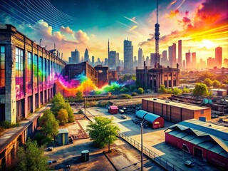 Obraz premium Urban Exploration Photography for Podcast Music Landing Page UI Template Featuring Creative Soundwave Visuals and Modern Design Elements in an Aesthetic Urban Environment