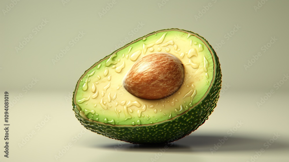 Poster halved avocado showing flesh and pit on clean minimal background