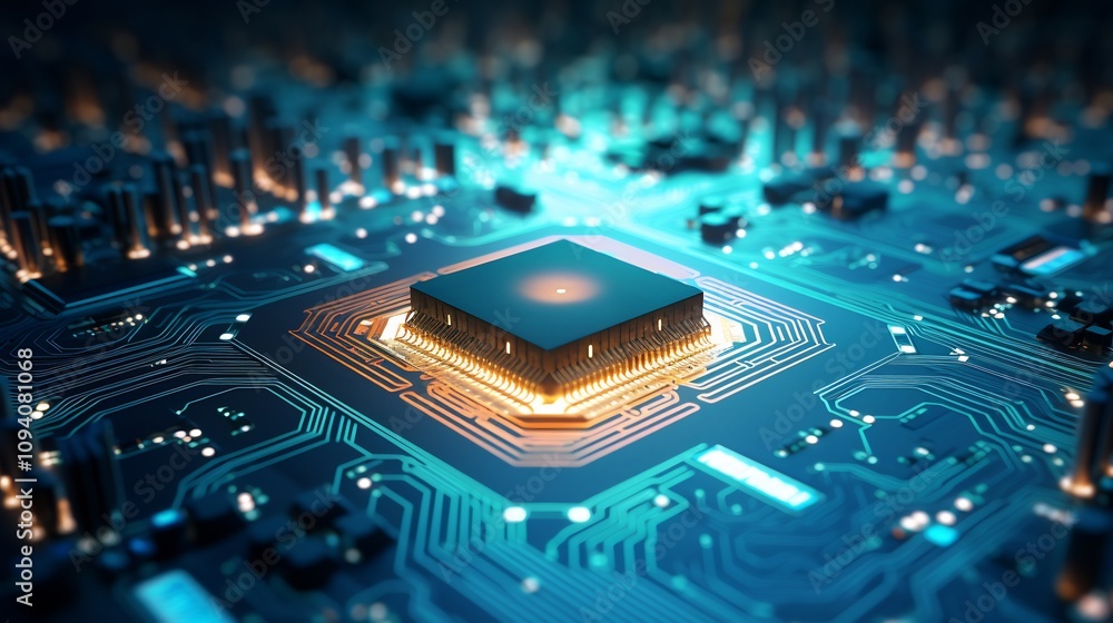 Aufkleber glowing microchip on illuminated circuit board with futuristic technology backdrop