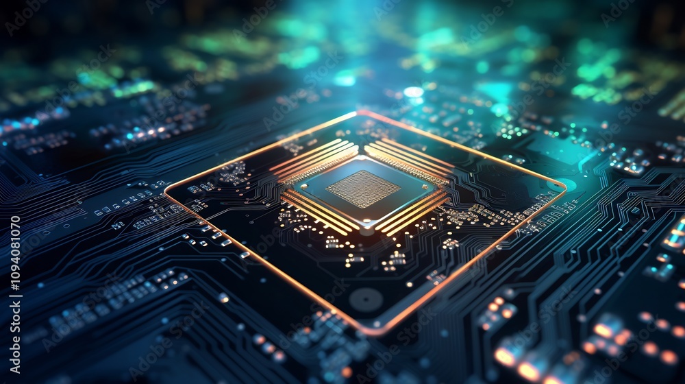 Poster glowing microchip on a circuit board showcasing high tech innovation