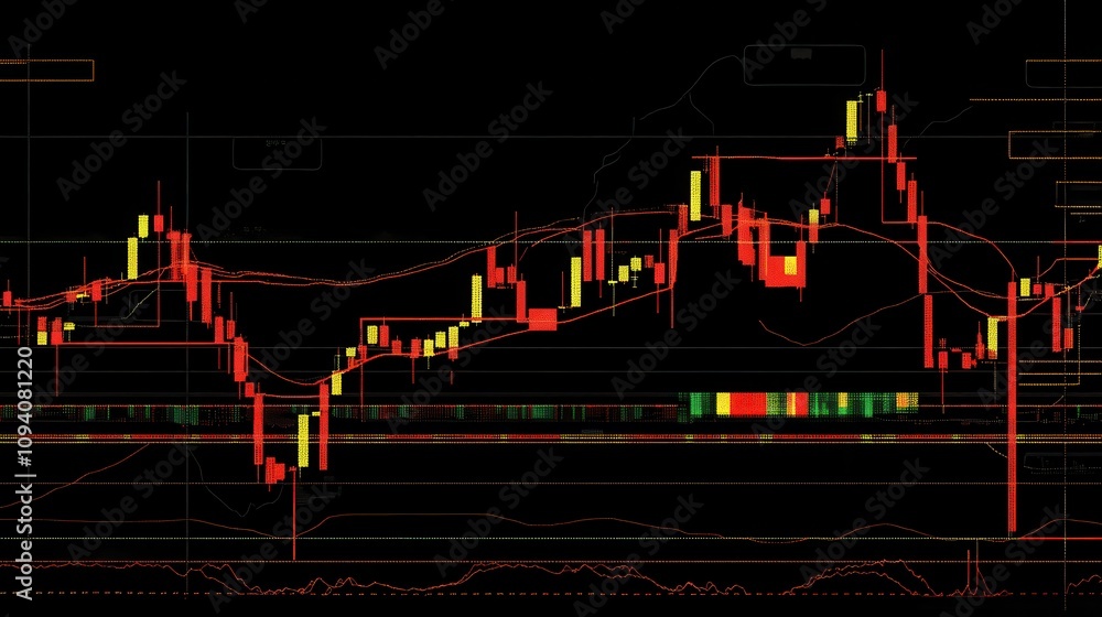 Poster a stock market chart displaying price movements and technical indicators.