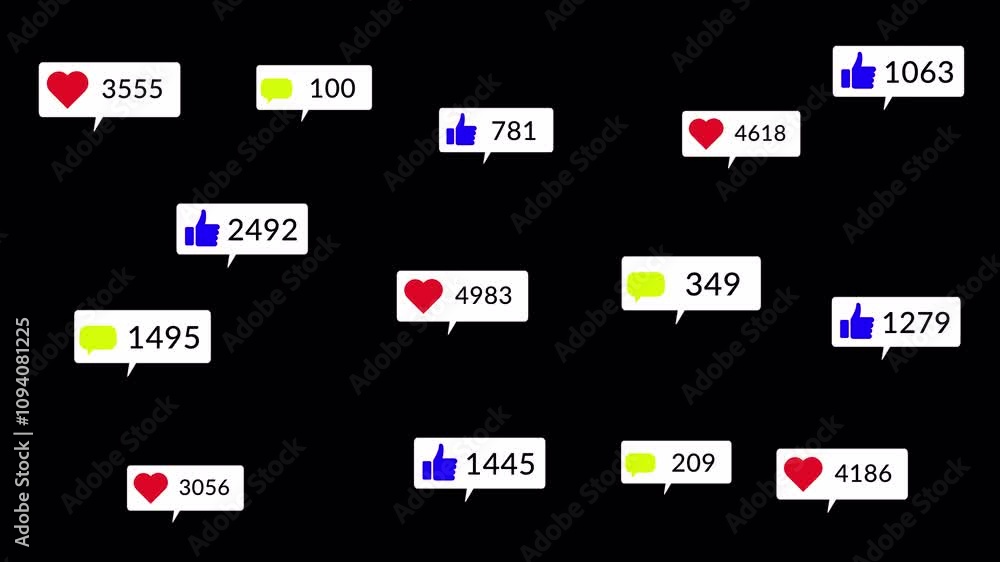 Poster social media icons counting animation on black background, counters the number of likes comment shar