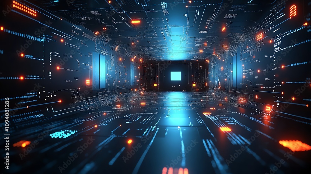 Poster futuristic digital corridor with glowing lines and abstract elements.