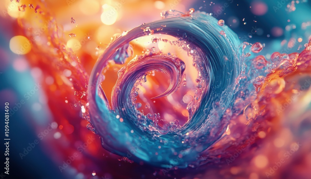 Poster colorful abstract water swirl with bubbles and bokeh effect, capturing the dynamic motion and fluidi