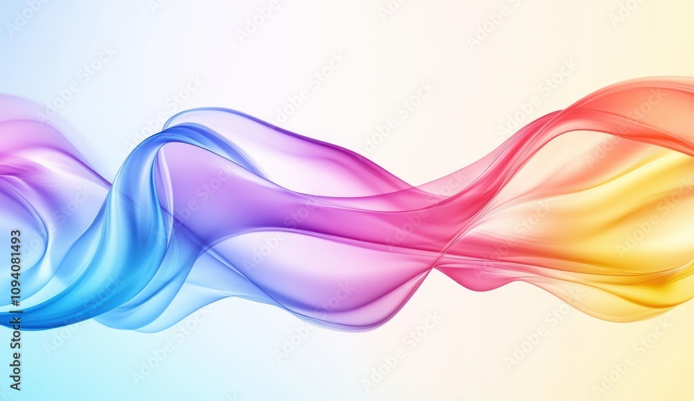 Poster colorful abstract waves flowing smoothly in gradient from blue to pink and yellow, creating a dynami