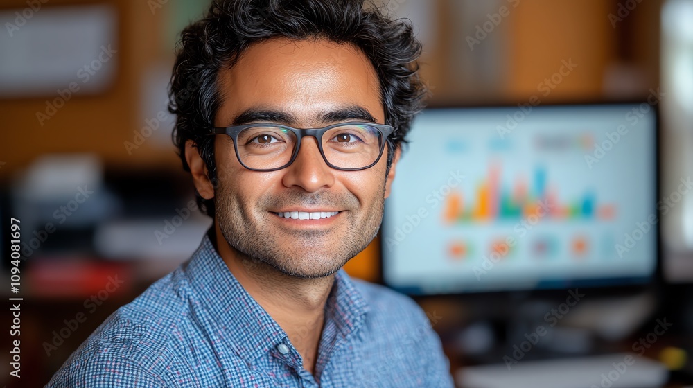 Poster smiling professional man in glasses with data charts in the background at work.