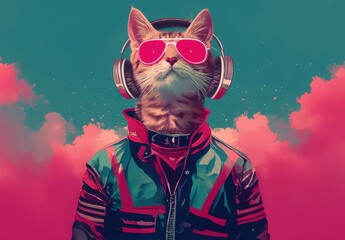 Cool Cat in Retro Outfit with Headphones and Sunglasses Against a Colorful Background Featuring Pink and Turquoise Clouds