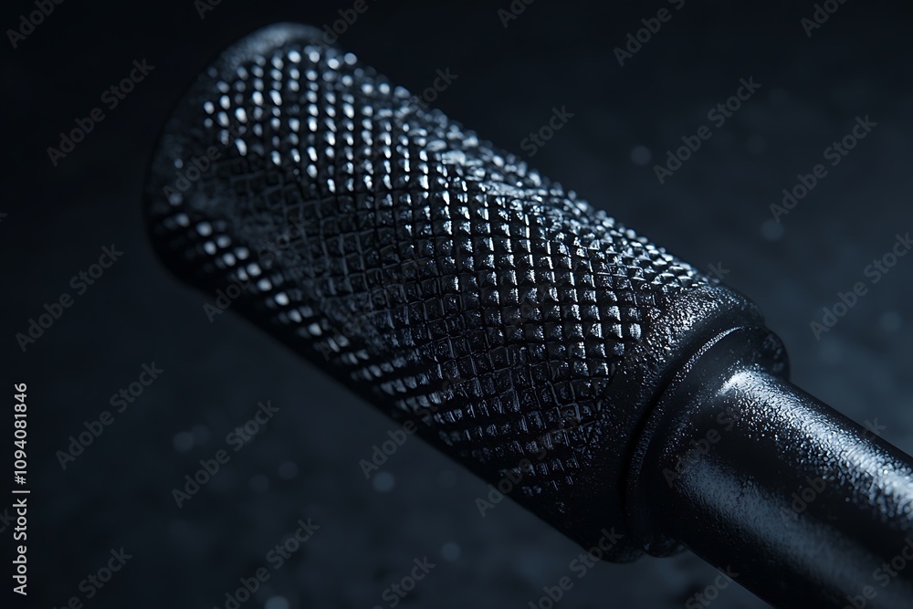 Poster close-up of a textured microphone handle, emphasizing its design and craftsmanship against a dark ba