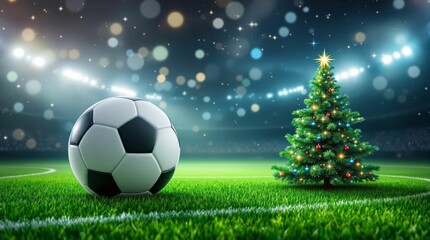 Fototapeta premium Football New Year Ball on Green Field with Christmas Tree Decorated with Toys and Lights in Stadium Atmosphere, Perfect Design for New Year Party