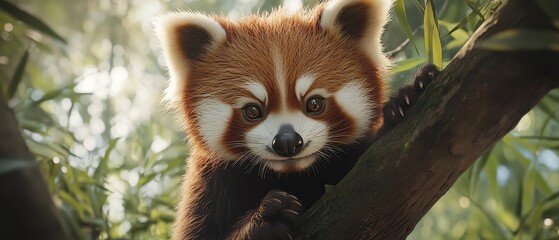 Curious red panda climbing in bamboo forest