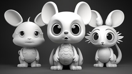 Naklejka premium Cute 3D Cartoon Animals in Black and White Silhouette