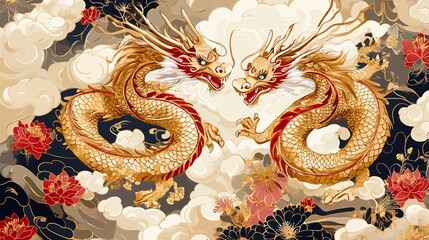 Fototapeta premium 6.A Chinese New Year banner template featuring two majestic dragons intertwined among swirling clouds and elegant floral patterns. The dragons are depicted with intricate golden scales, flying in the